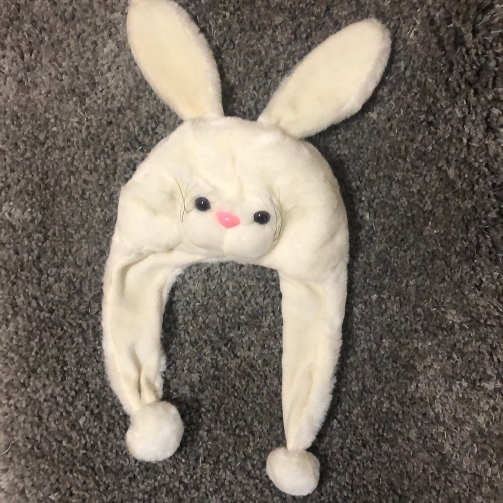 Furry bunny beanie hat with ears and tie-up